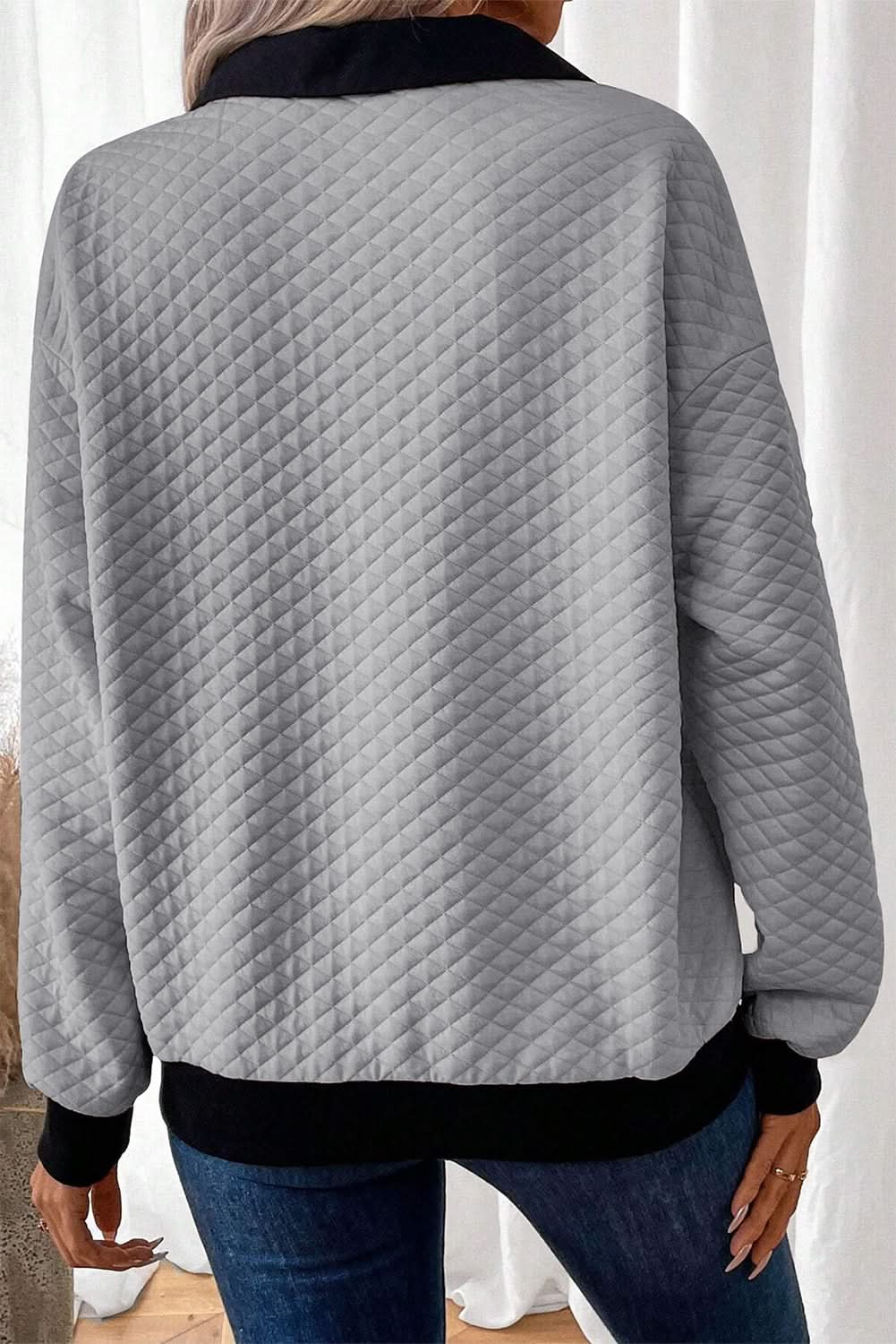 Light Grey Textured Colorblock Edge Buttoned Collar Sweatshirt - Love Salve